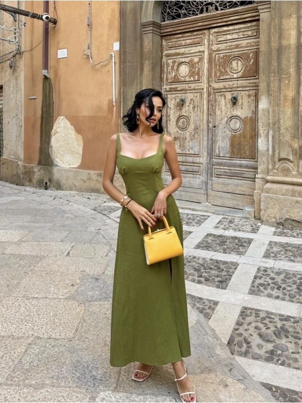 Zara Olive Green Maxi Slip Dress with Slit